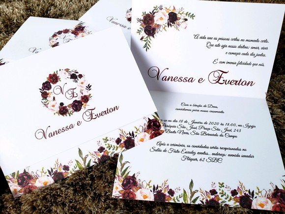 Convite de Casamento (Mini - 15) Floral Marsala Brasão Marsala