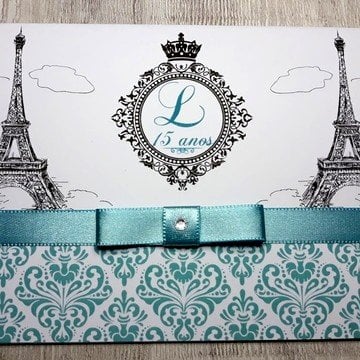 Convite para 15 Anos (A4 15anos - 19) Arabesco Verde Tiffany Tema Paris
