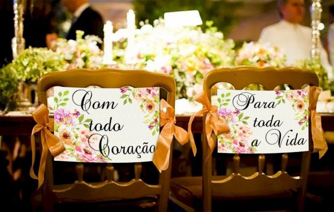 Par de Placas para Cadeiras dos noivos (Diversos - 58) Floral Rose Rosa