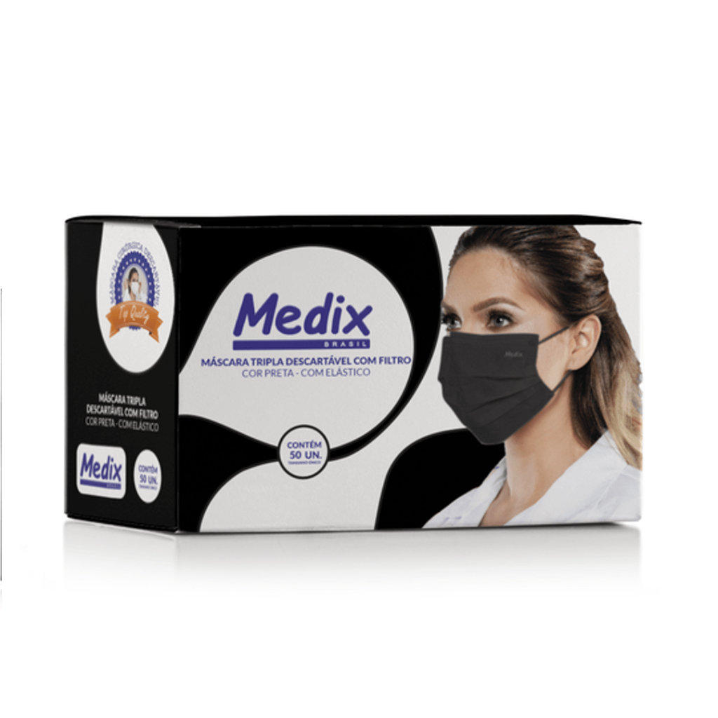 Máscara descartável tripla Medix (preta) - 50 Un