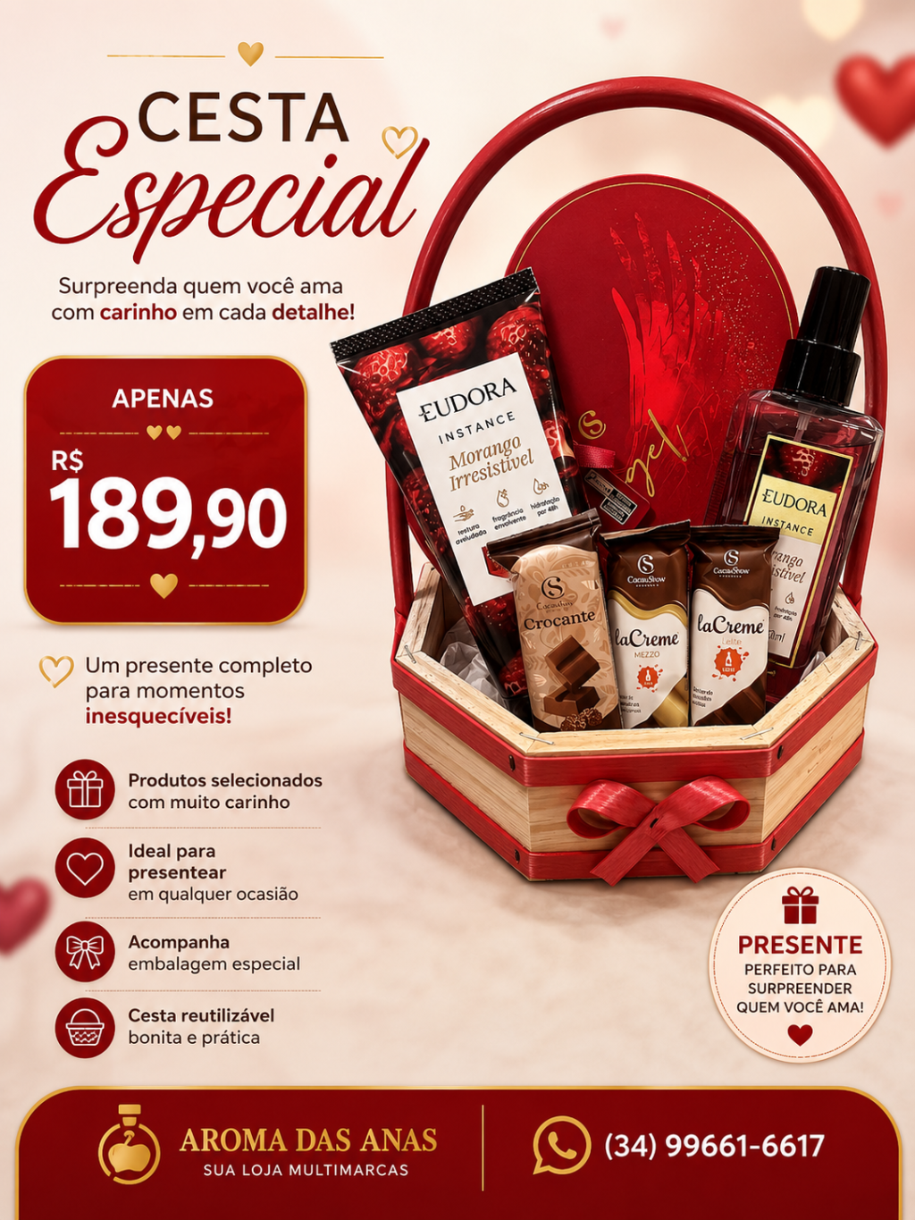 CESTA COM COSMÉTICOS E CHOCOLATES