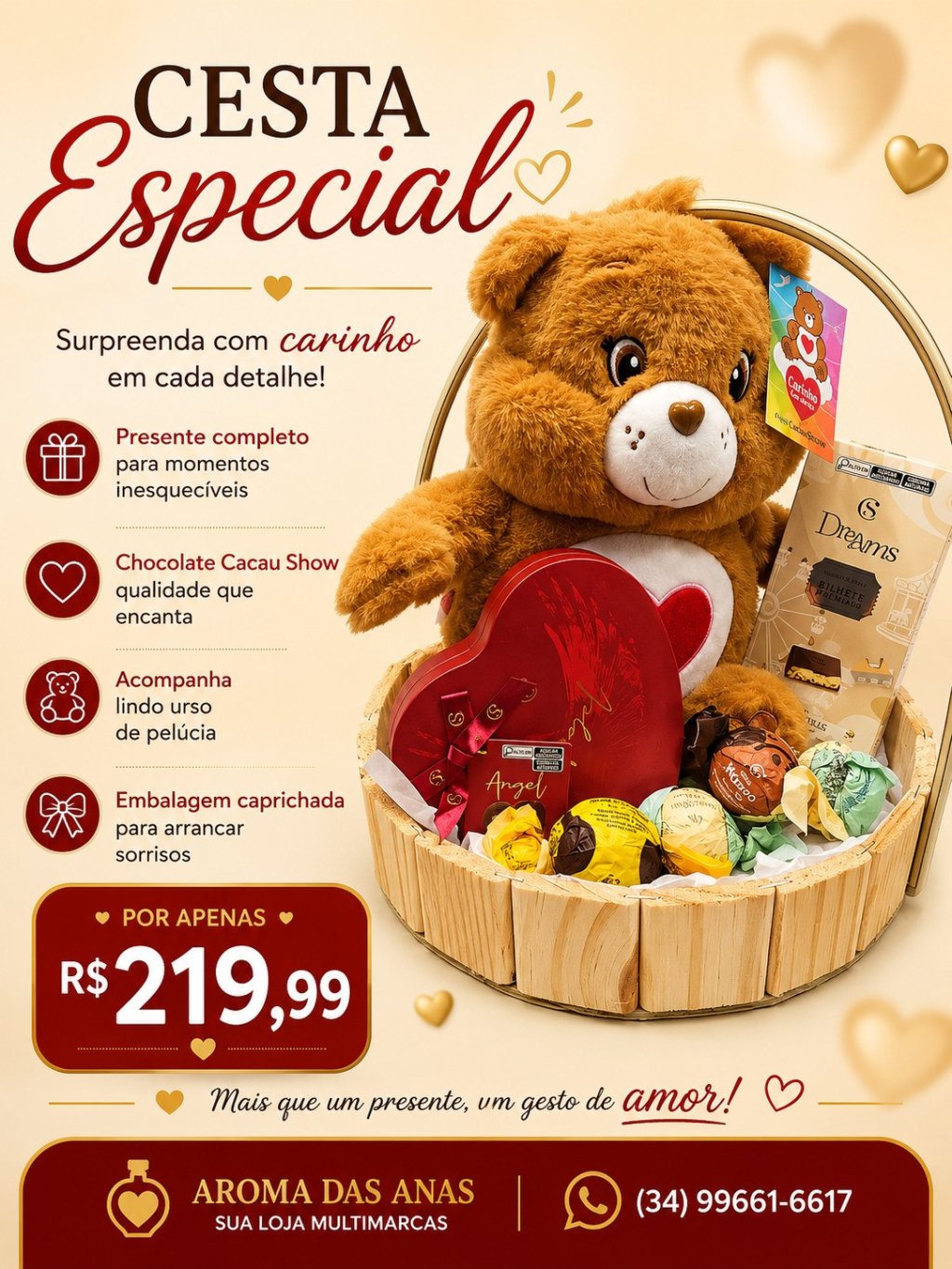 CESTA COM CHOCOLATES E PELÚCIA