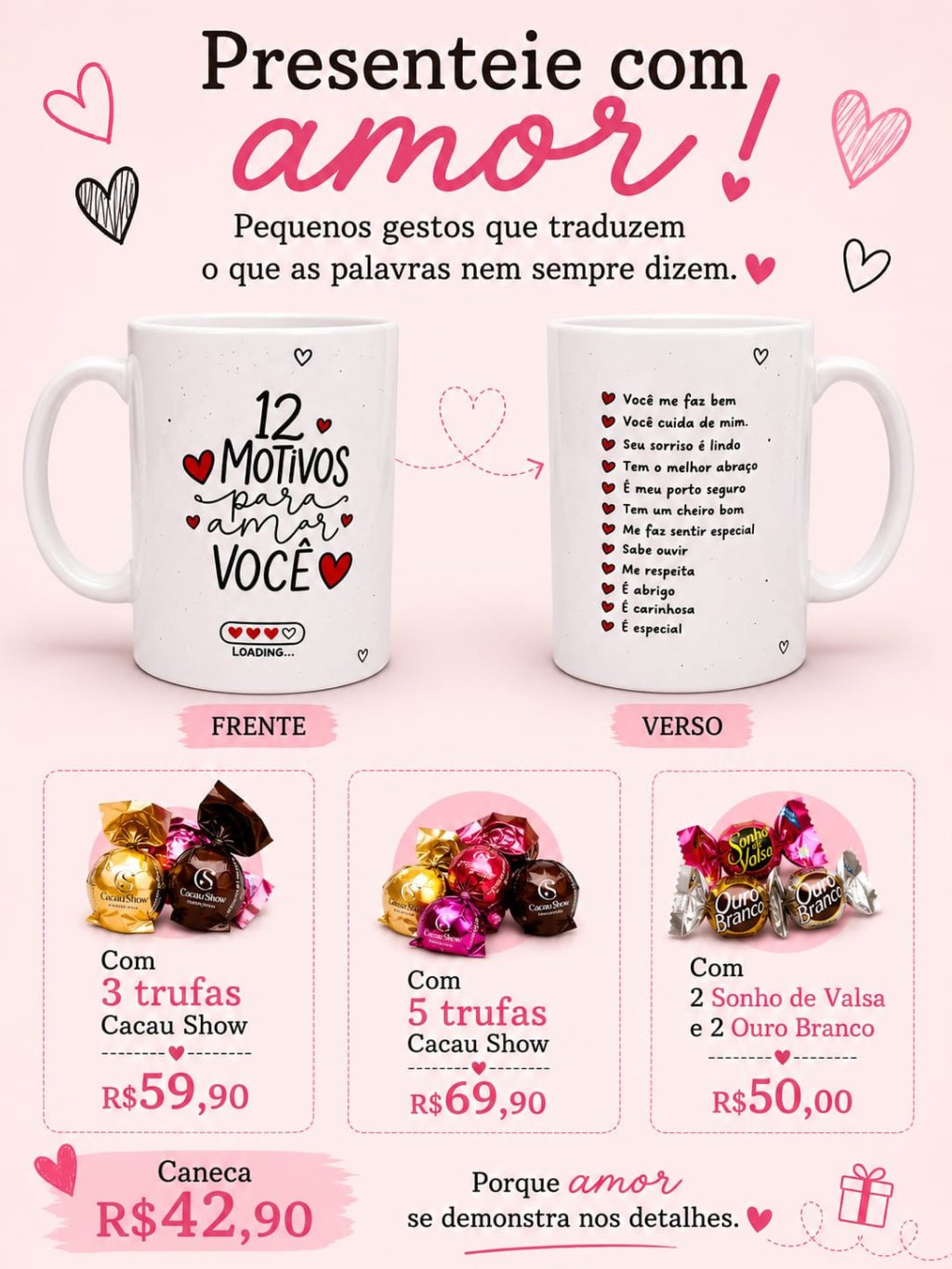 CANECA ''12 MOTIVOS PARA AMAR VOCÊ''