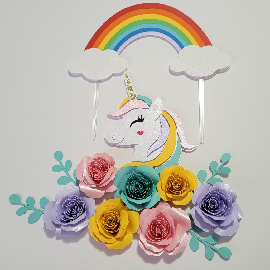 Topo de Bolo Unicórnio  Scrap com Flores 