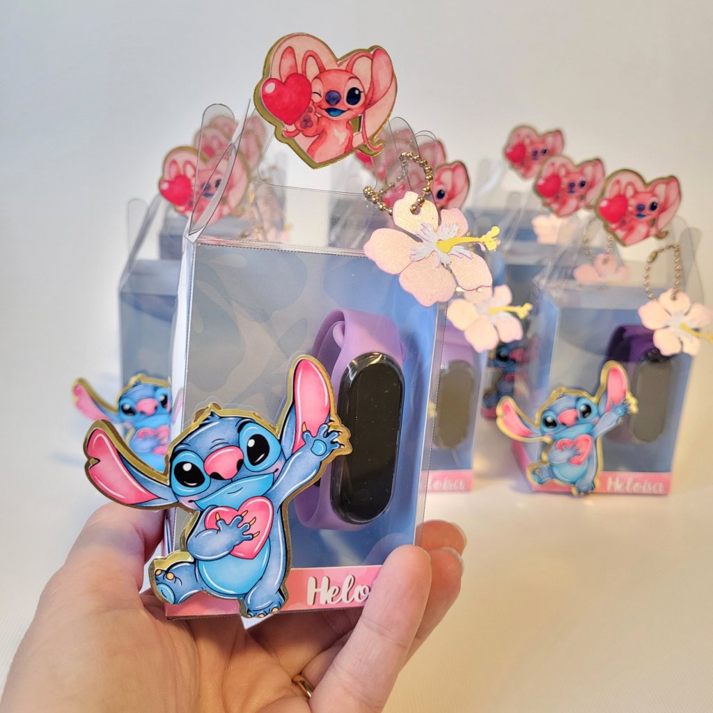 Caixinha com Relógio Digital - Stitch e Angel Aquarela