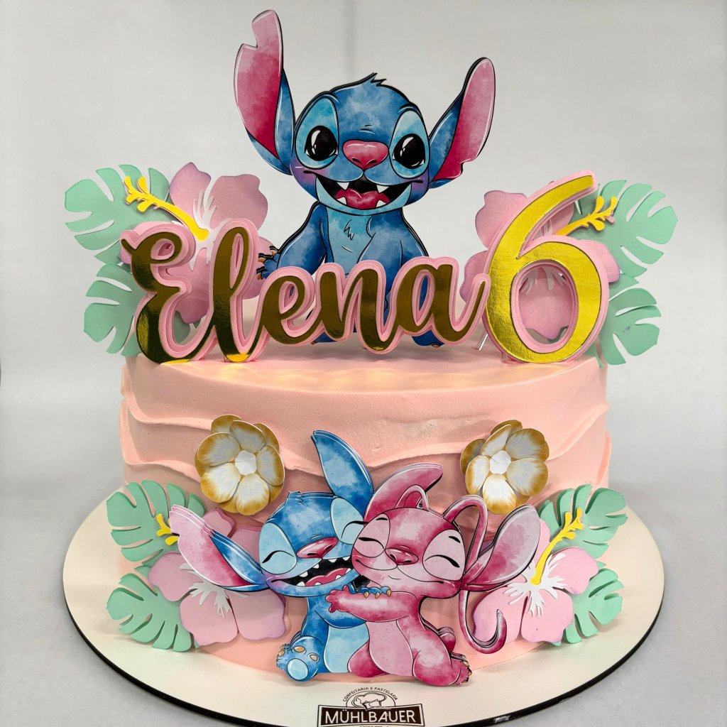 Topo de Bolo Stitch e Angel Aquarela