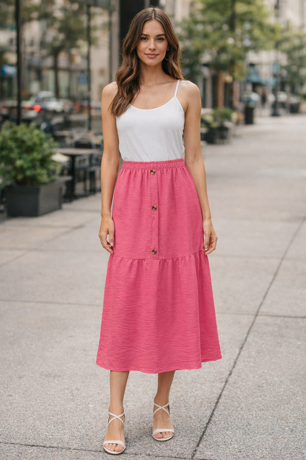 SAIA LONGA DUNA LISA 3 BOTÕES E BABADO 