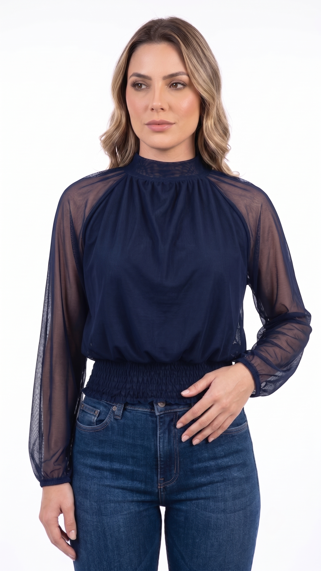 Blusa Manga Longa gola alta Cintura lastex
