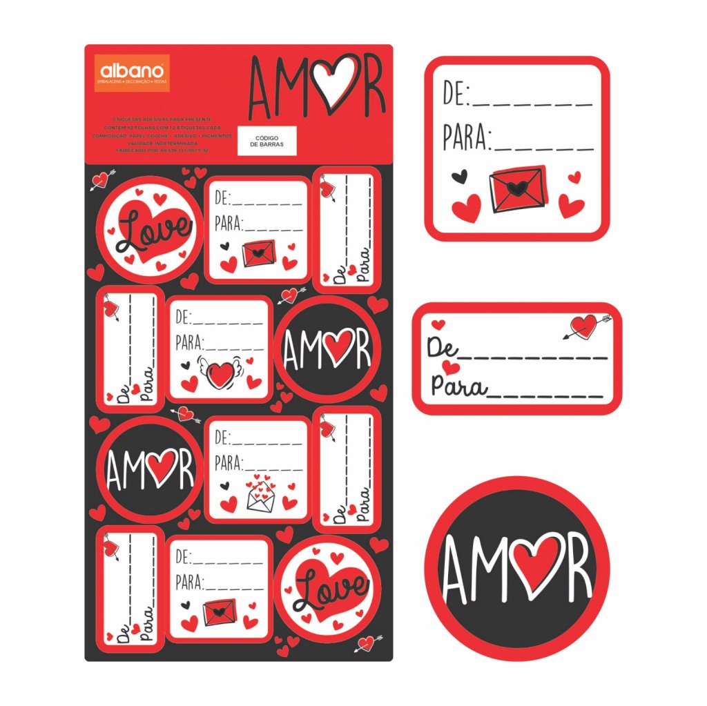 Cartela de Etiqueta História de Amor 15cmx30cm 24pçs Branco/Vermelho