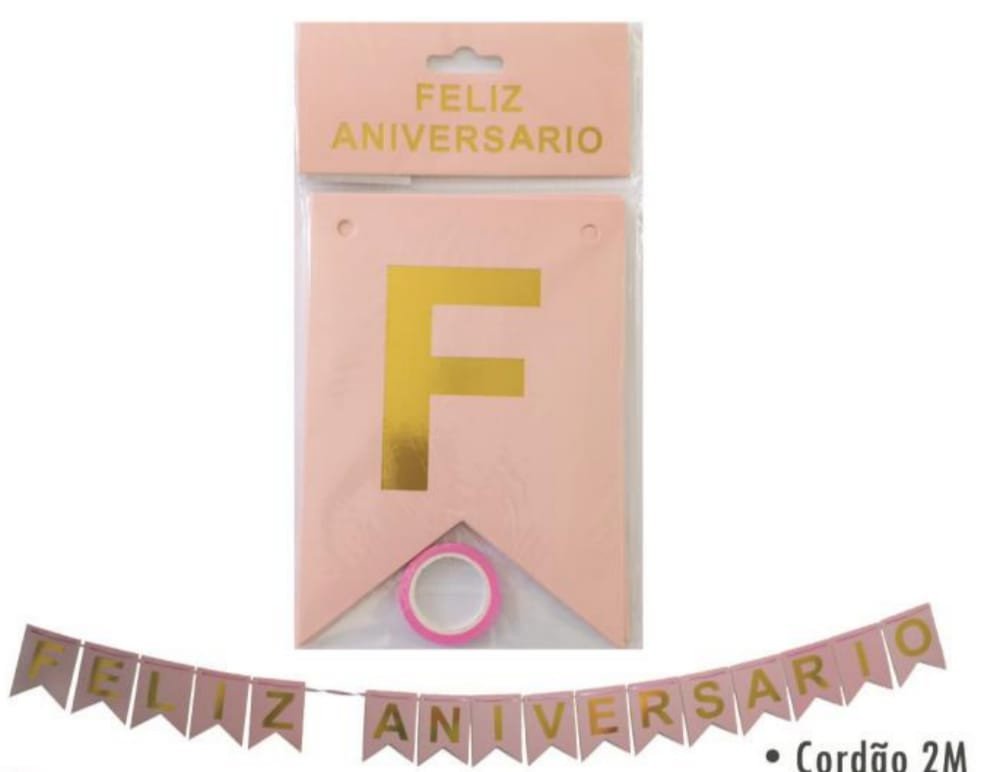 FAIXA FELIZ ANIVERSARIO 2M ROSA DOURADO