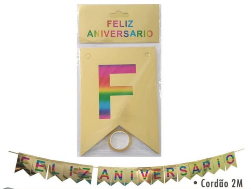 FAIXA FELIZ ANIVERSARIO 2M DOURADO COLORIDO