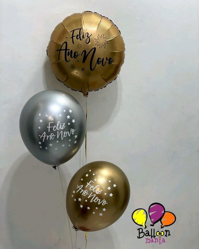 ARRANJO METALIZADO 18¨ CACHEPOT COM 2 BALOES ANO NOVO 11¨BALAO 18 ¨ANO NOVO COM GAS HELIO