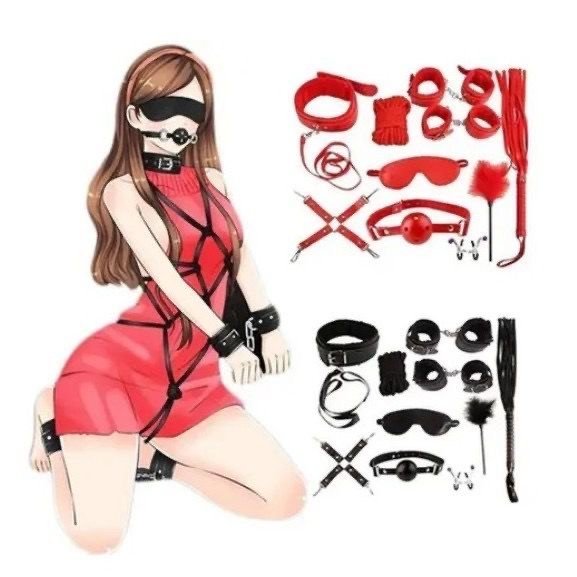 ￼Kit Fetiche Bondage 10 Pçs Couro Fetiche Dominação Submissão Sado Mordaça Algema Chicote Coleira Gag Ball