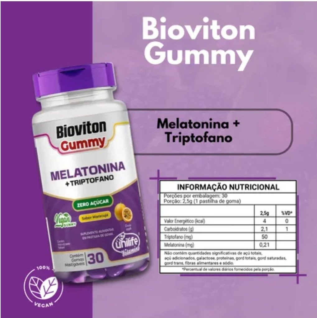 Melatonina +triptofano gummy BIOVITON sabor maracujá 30 gomas 