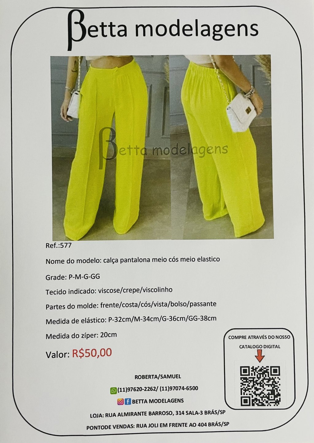 REF.577 Calça Pantalona 1/2 Cós 1/2 Elástico 