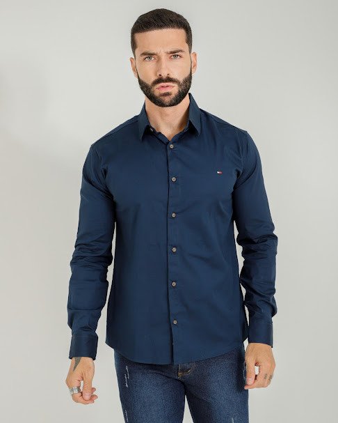 CAMISA ALGODÃO CONFORT MANGA LONGA AZUL MARINHO