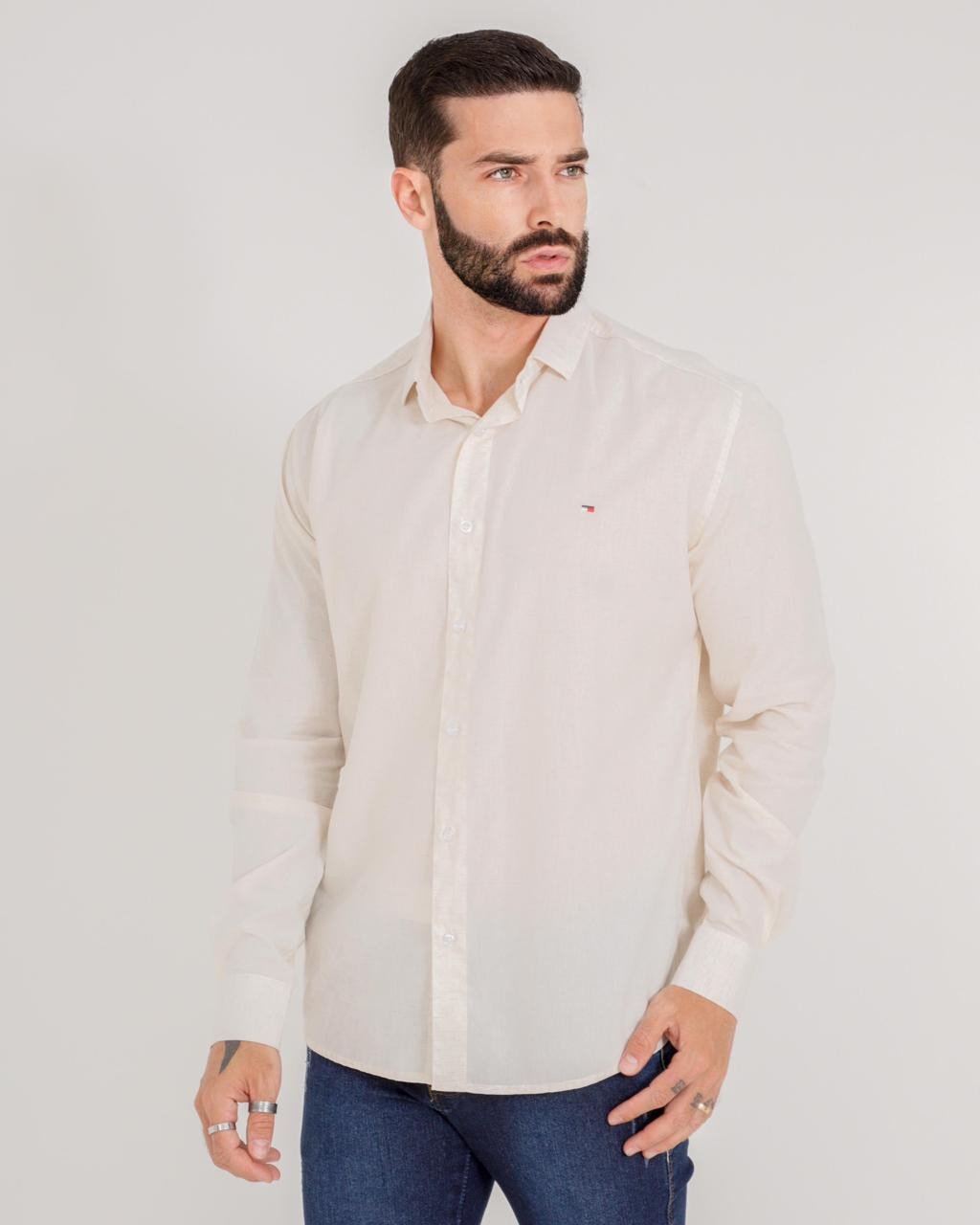 Camisa manga longa linho trabalhado marfim 