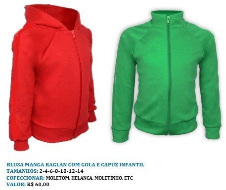 BLUSA MANGA RAGLAN COM ZIPER GOLA CAPUZ INFANTIL