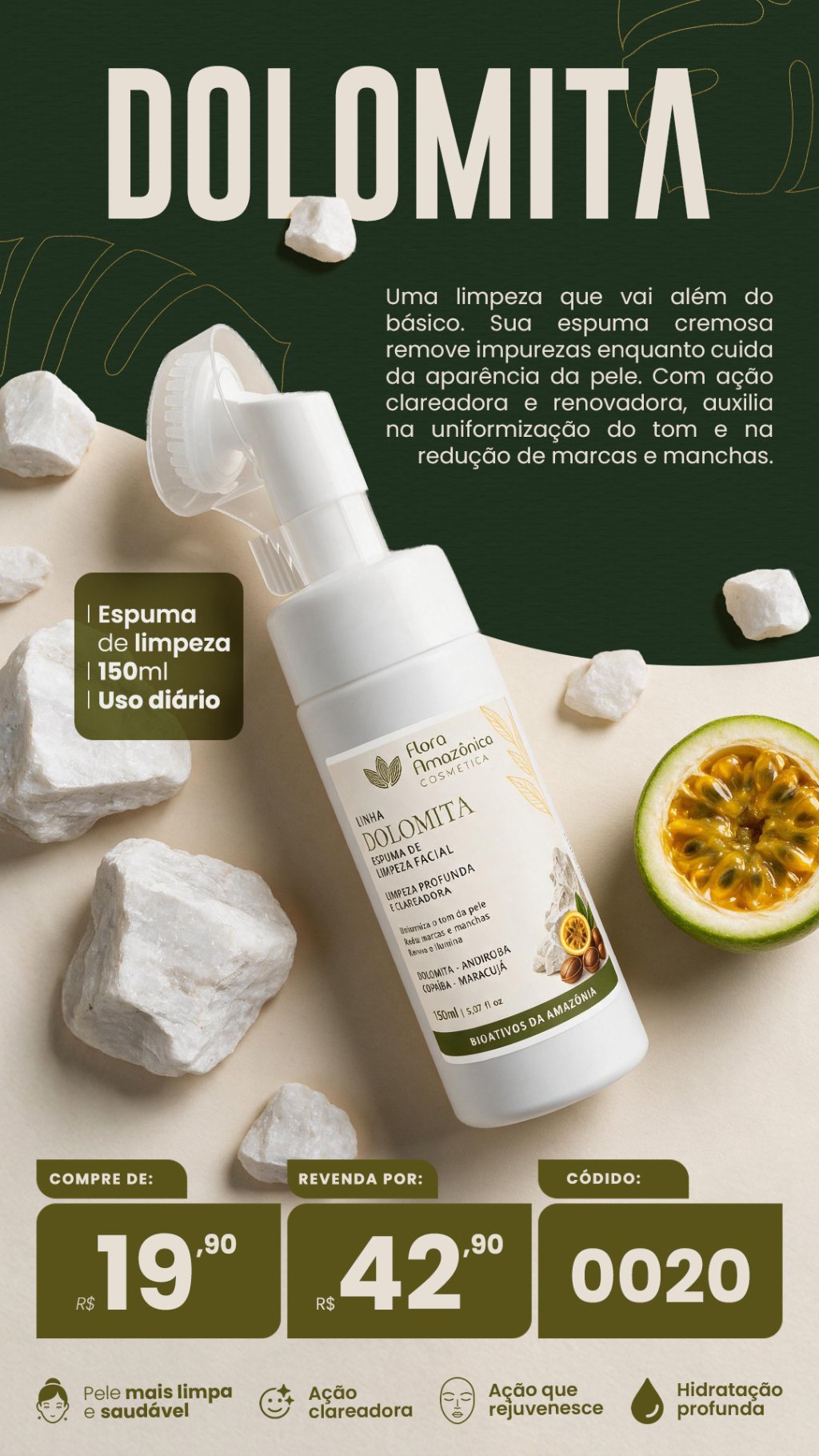 CÓD. 0020- Espuma facial dolomita e melaleuca (VENDA: R$42,90)