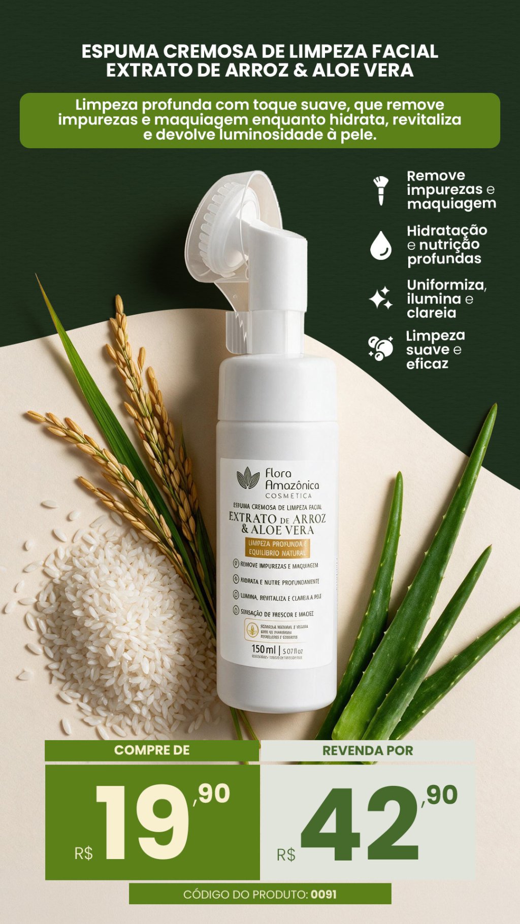 CÓD. 091- espuma cremosa de limpeza facial extrato de arroz (VENDA:R$42,90)