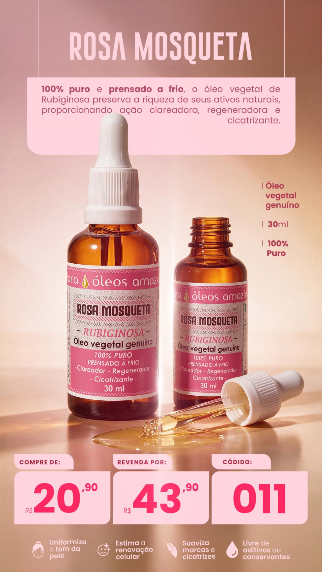 CÓD. 011- Óleo de rosa mosqueta  100% puro (VENDA:R$43,90)