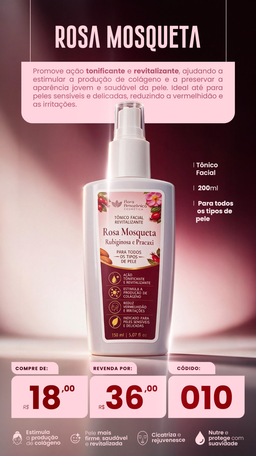 COD.019 - Tônico facial revitalizante rosa mosqueta(VENDA:R$36)