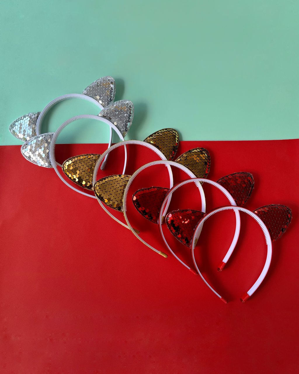 Kit 6 Tiaras Gatinho Paetê Dupla Face com Forro Glitter - Boas Festas