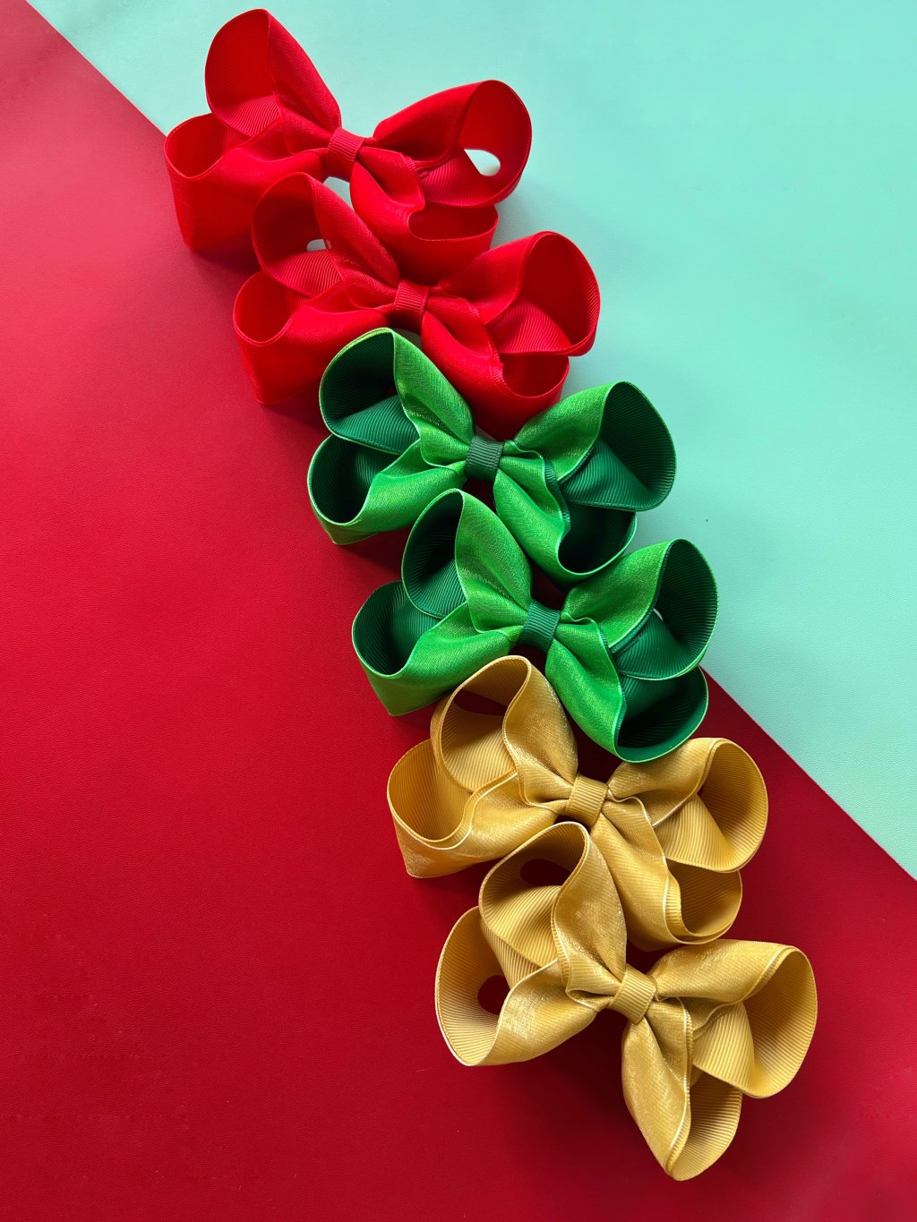 Kit 6 Laços Boutique Grande Gorgurão com Organza no Bico de Pato - Boas Festas