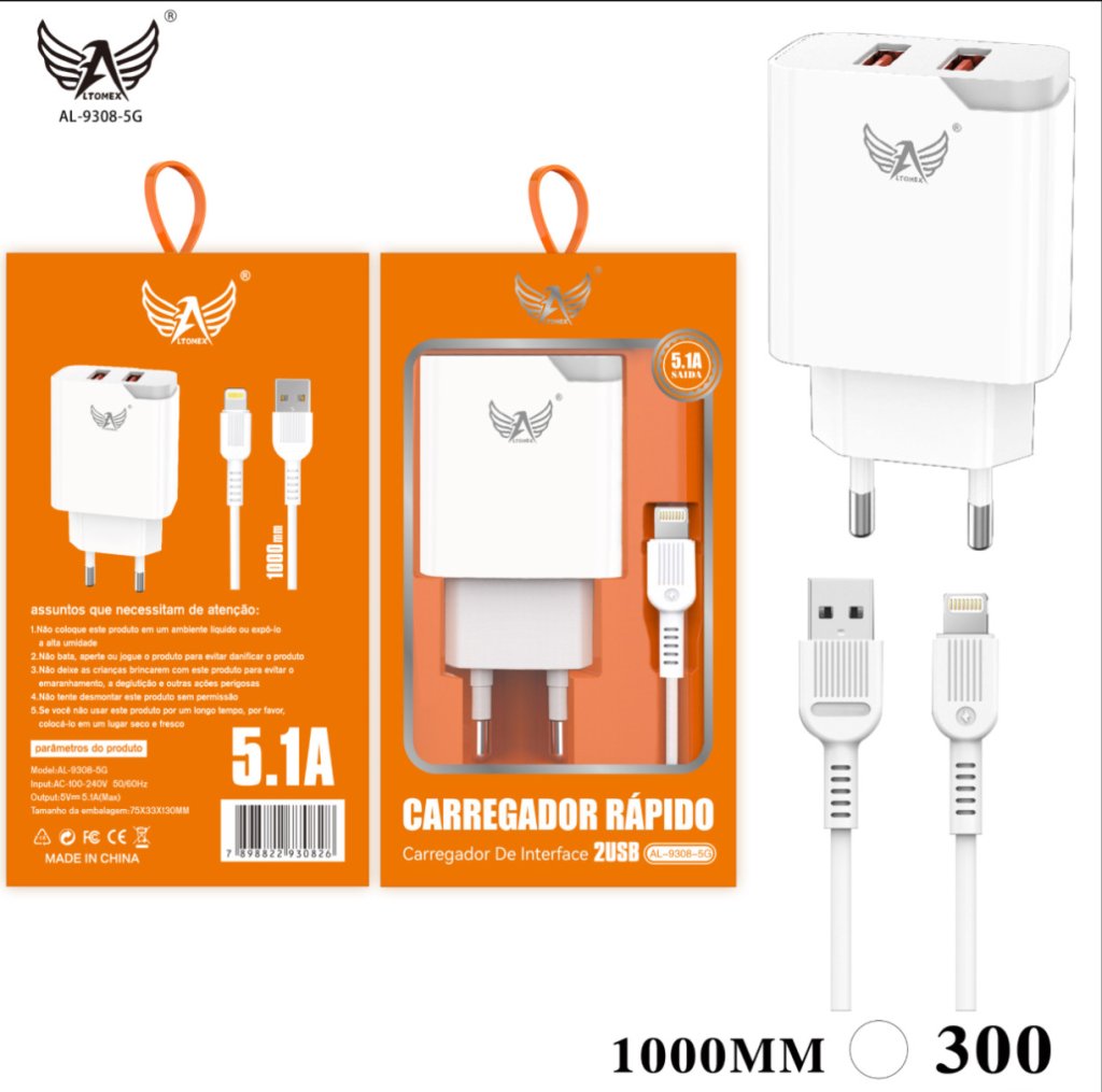 CARREGADOR ALTOMEX IPHONE 5.1A TURBO 2USB