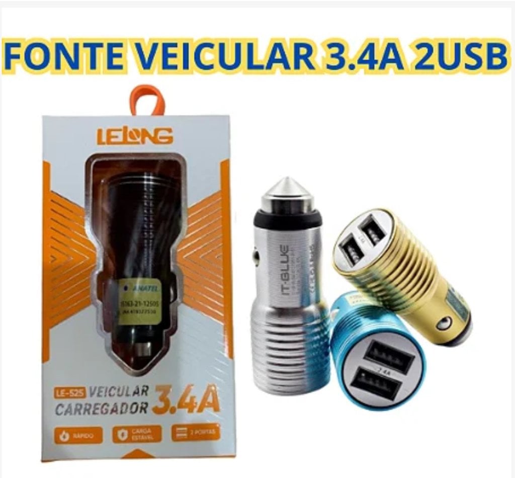 CARREGADOR VEICULAR 3.4A 2USB LELONG LE-525 