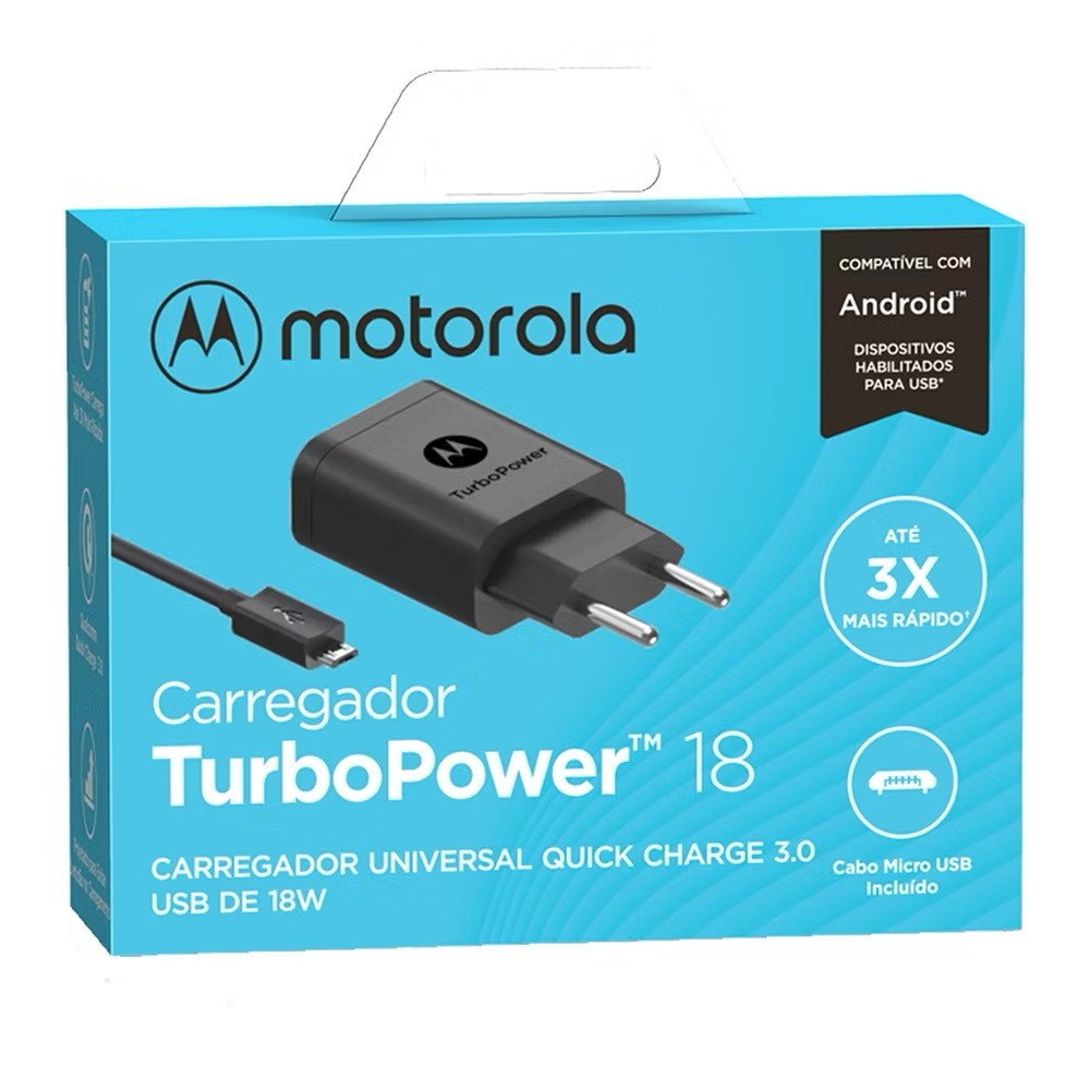 CARREGADOR TURBO POWER V8 18W COM CABO MICRO USB INCLUIDO
