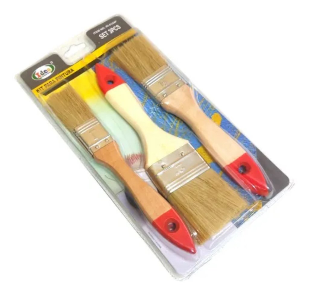 KIT DE PINTURA COM 3 PINCÉIS CABO MADEIRA