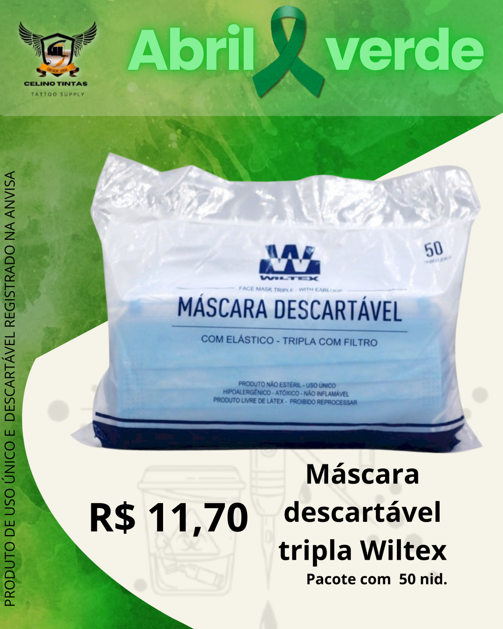 Máscara descartável tripla Wiltex (azul) - 50 Un