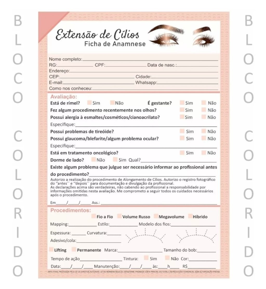 Ficha de anamnese Cílios - ROSE 