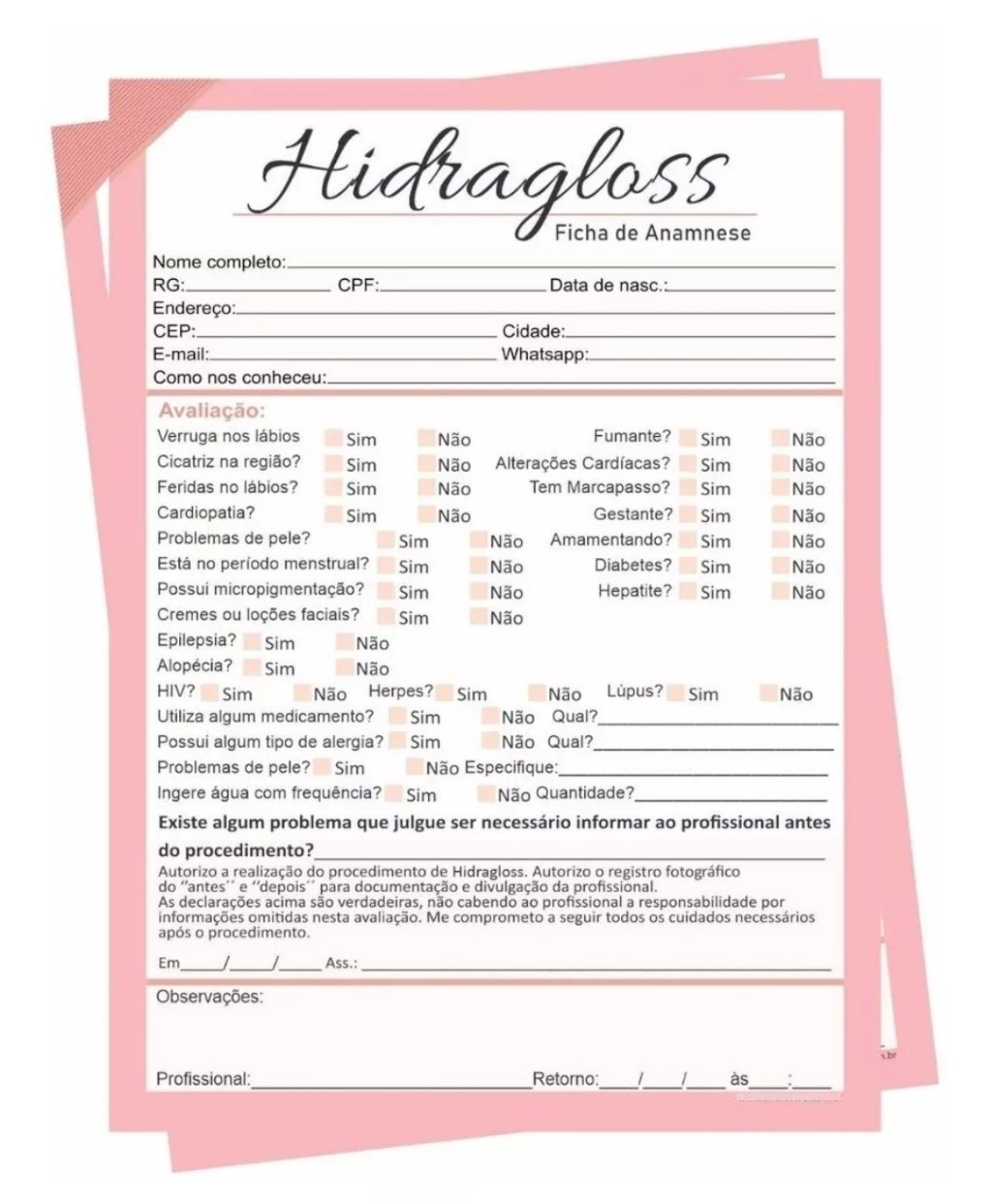 Ficha de anamnese - Hydragloss 