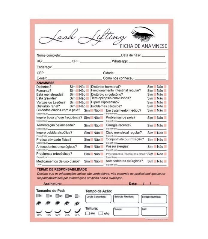 Ficha de anamnese Lash Lifting 