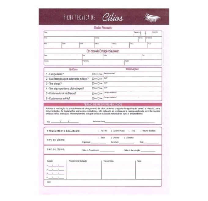 Ficha de Anamnese Cílios 