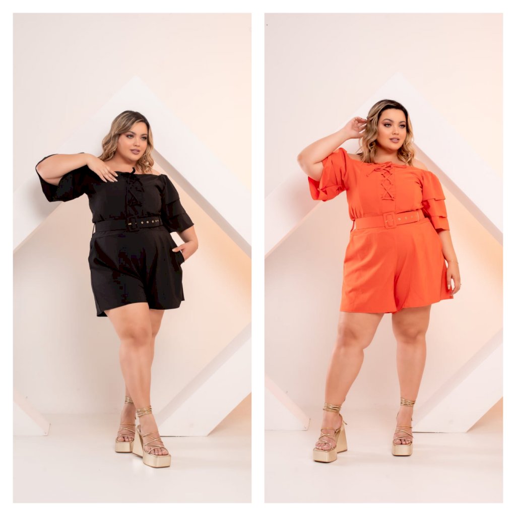 Macaquinho com cinto manga dois babados. Ref: 534