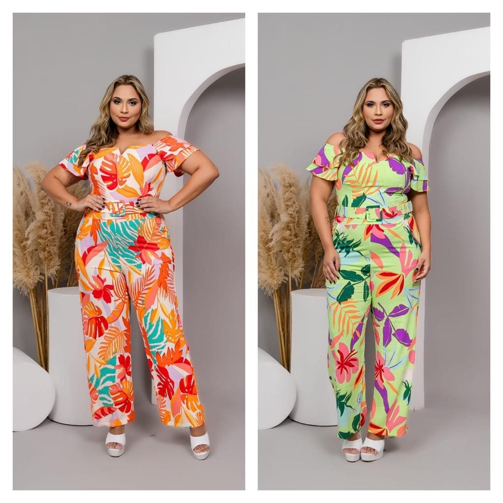 Macacão longo midsize estampado em V. Ref: 1073