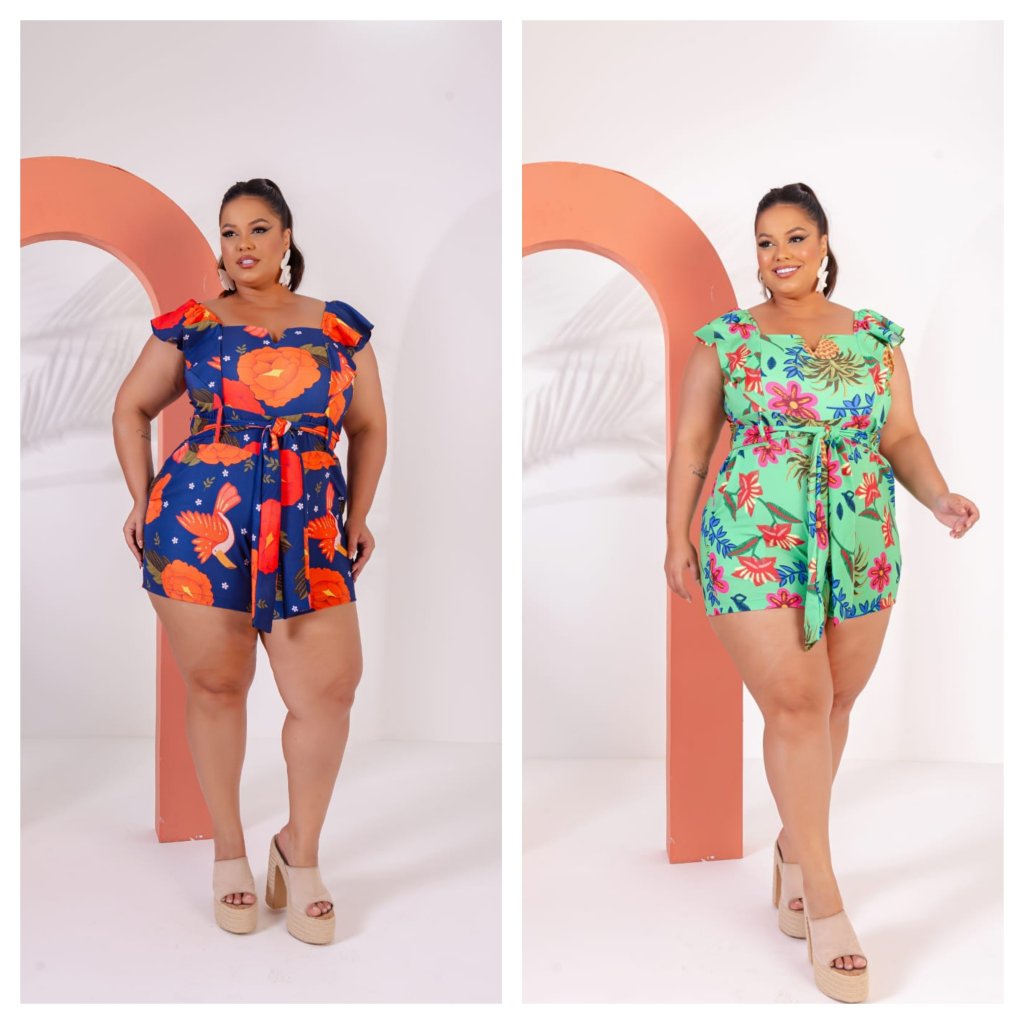 Macaquinho em V manguinha babado e faixa. Ref: 1358