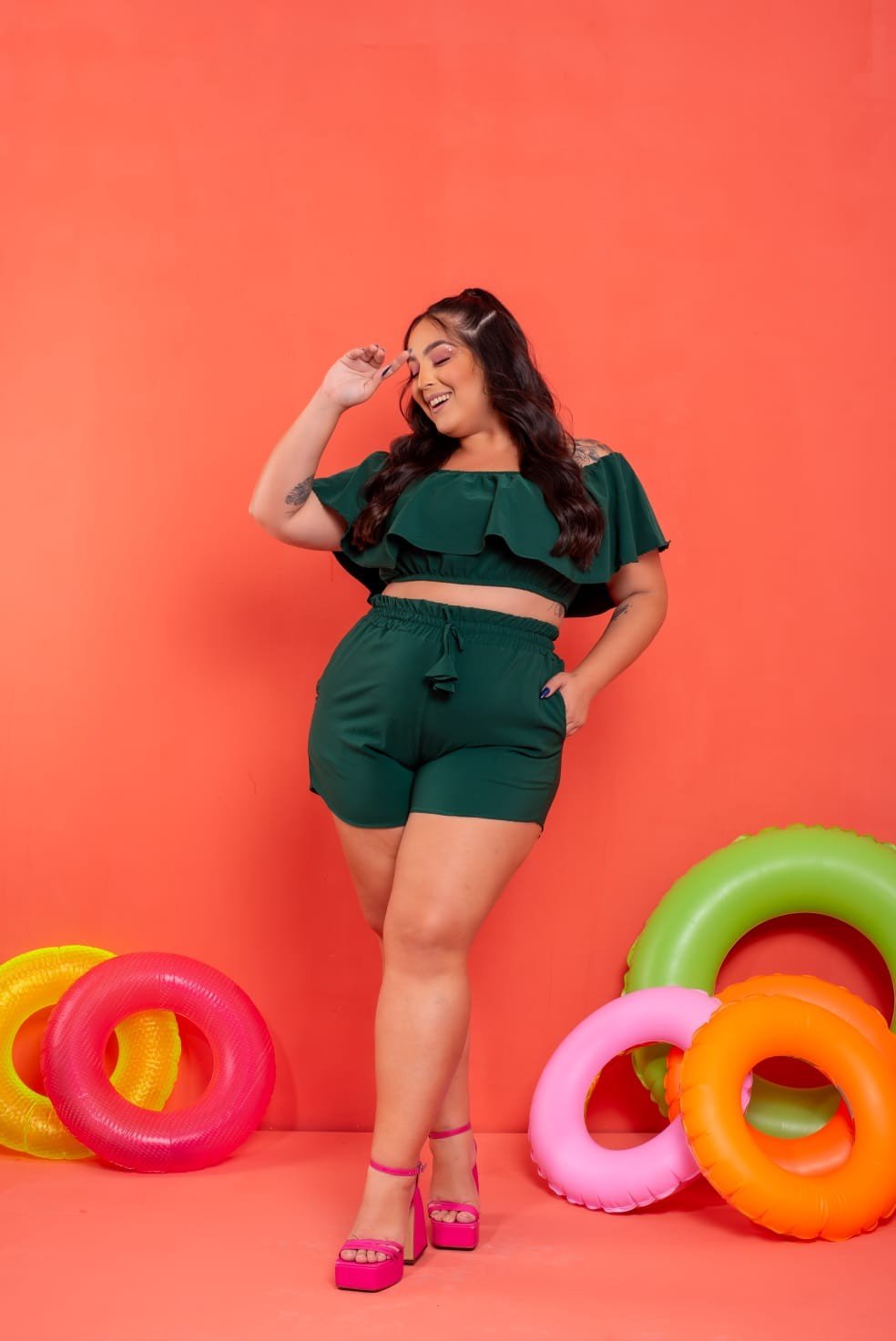 Conj. short de elástico midsize e cropped.  Ref: 1381