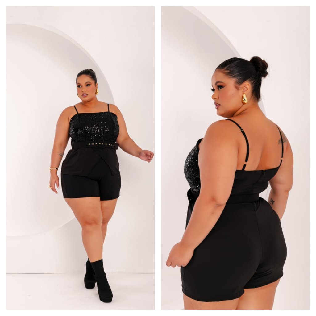 Macaquinho com faixa e alça paetê. Ref: 1538