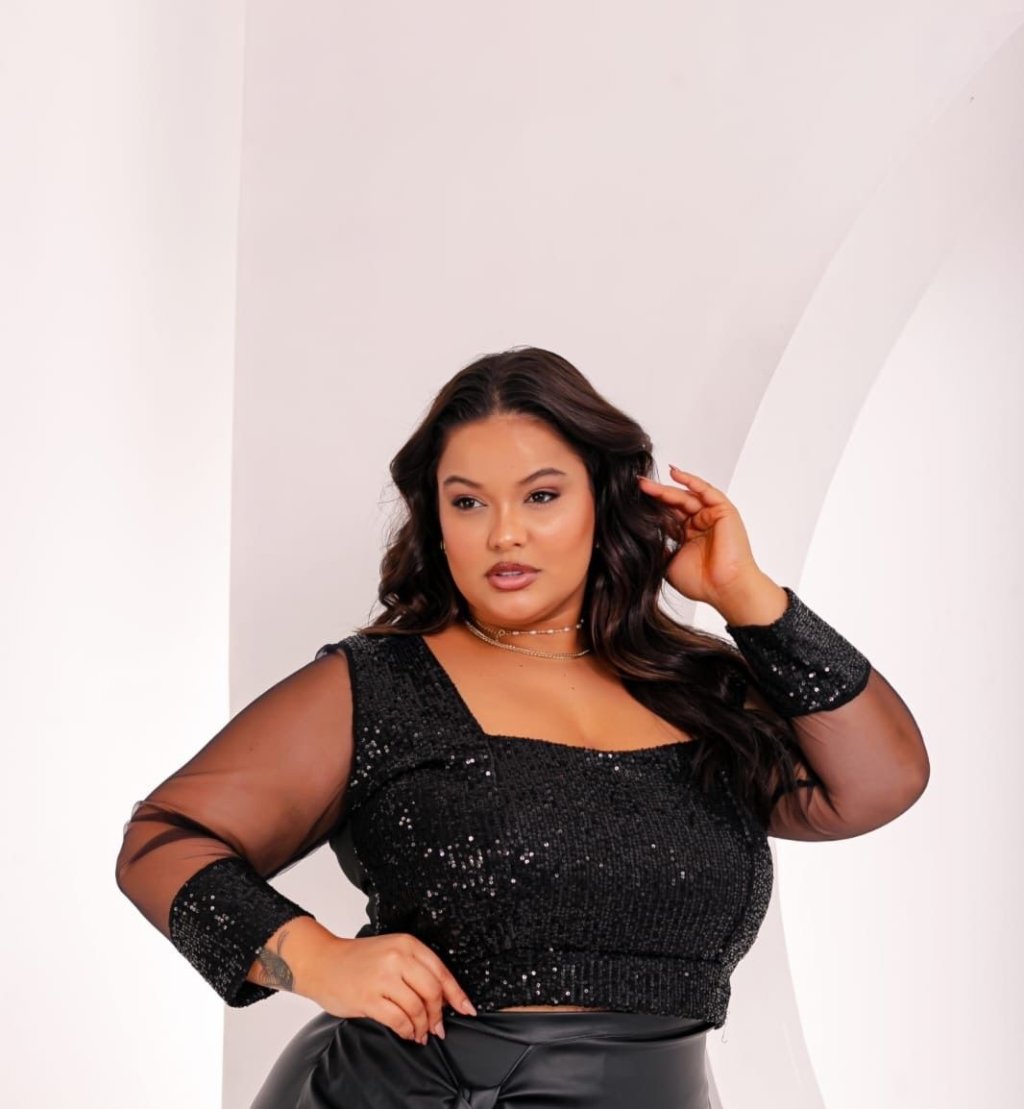 Cropped paetê manga tulê Ref:1629