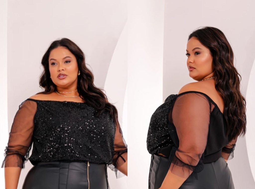 Cropped paetê peito quadrado manga tulê Ref:1632