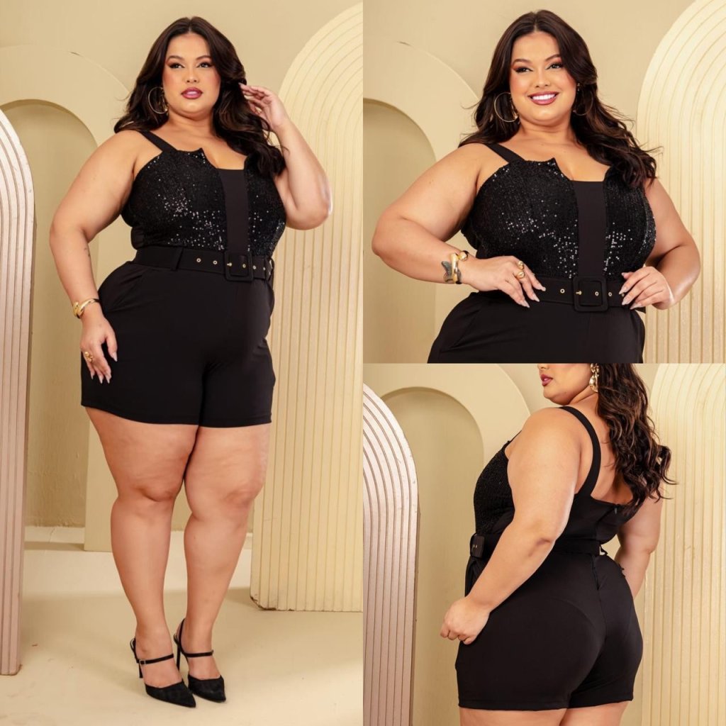 Macaquinho paetê alça e cinto Ref:1674