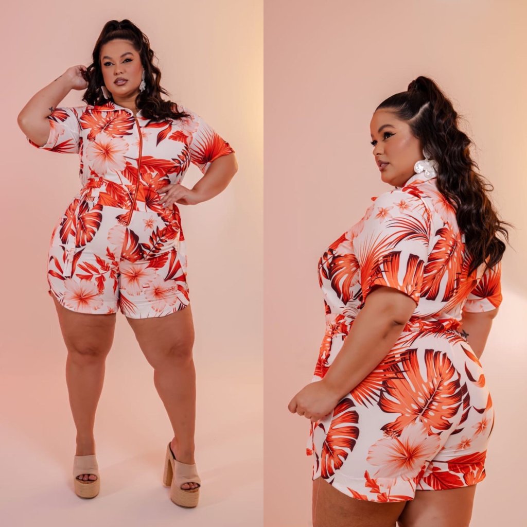 Macaquinho estampado zíper gola alta. Ref: 1677