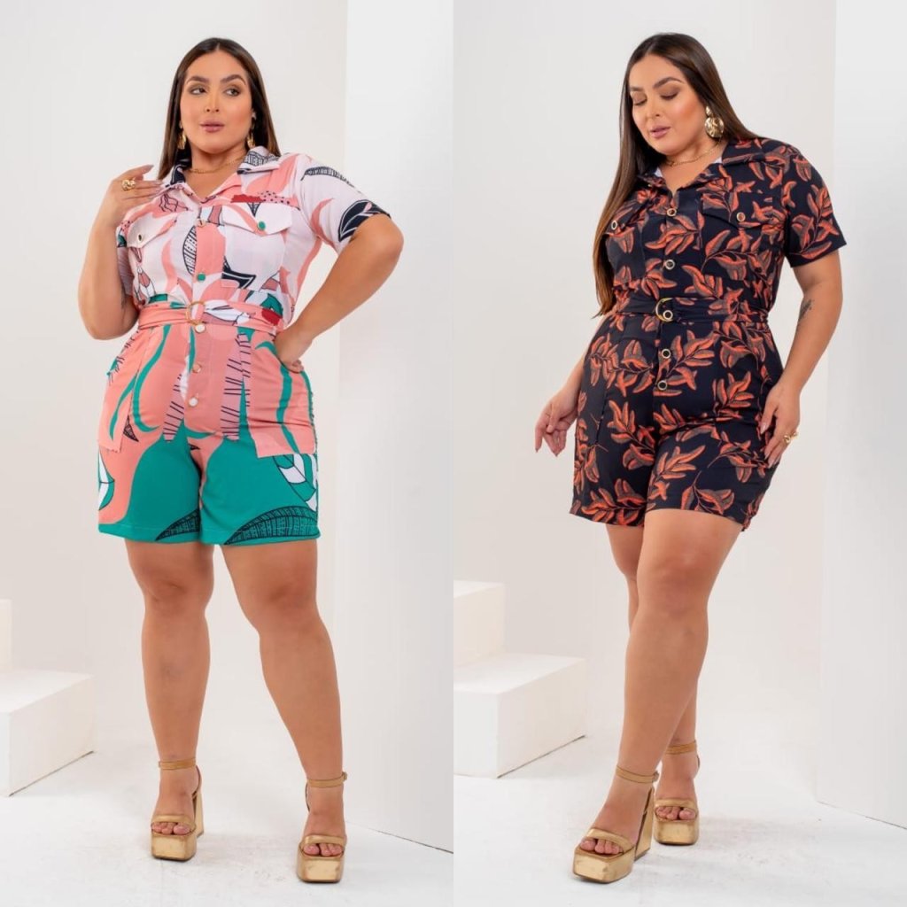 Macaquinho estampado botão e cinto Ref:1685