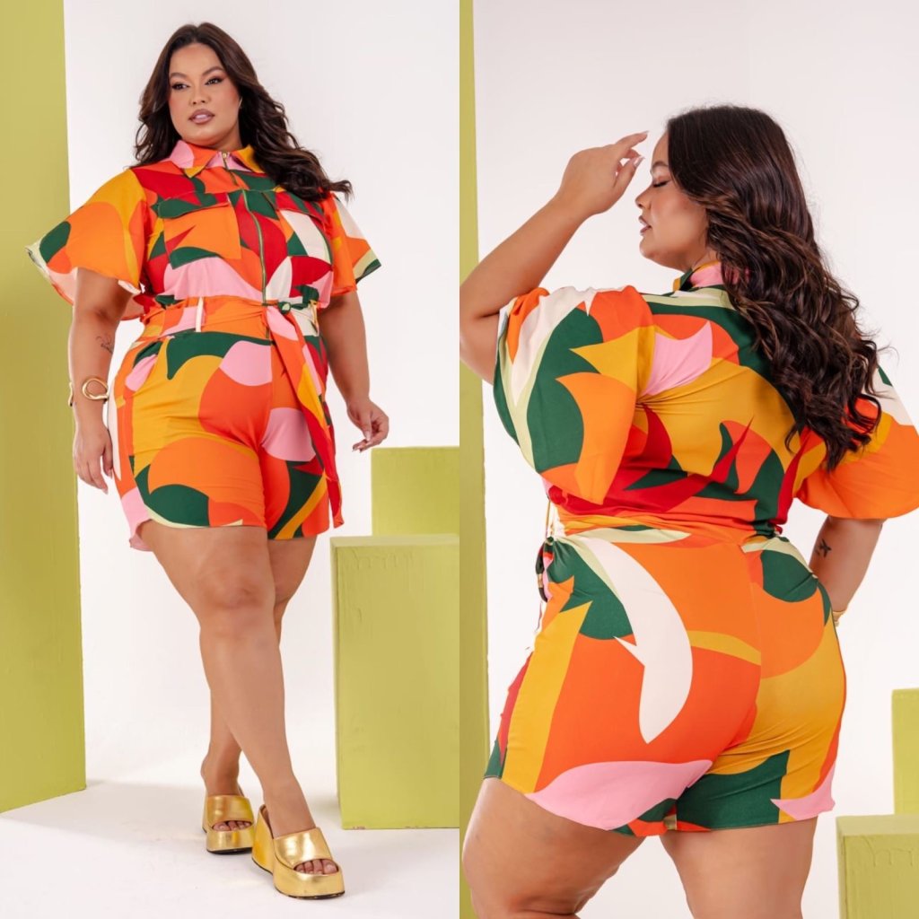 Macaquinho manga flê + zíper e faixa Ref:1711