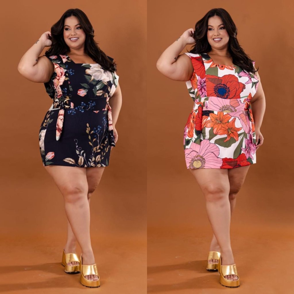 Macaquinho estampado short saia + detalhe na lateral. Ref: 1731