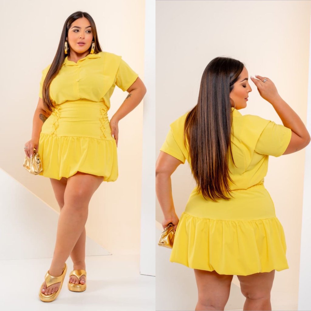 Conj short Balonê detalhe trançado e blusa de botão midsize. Ref: 1773